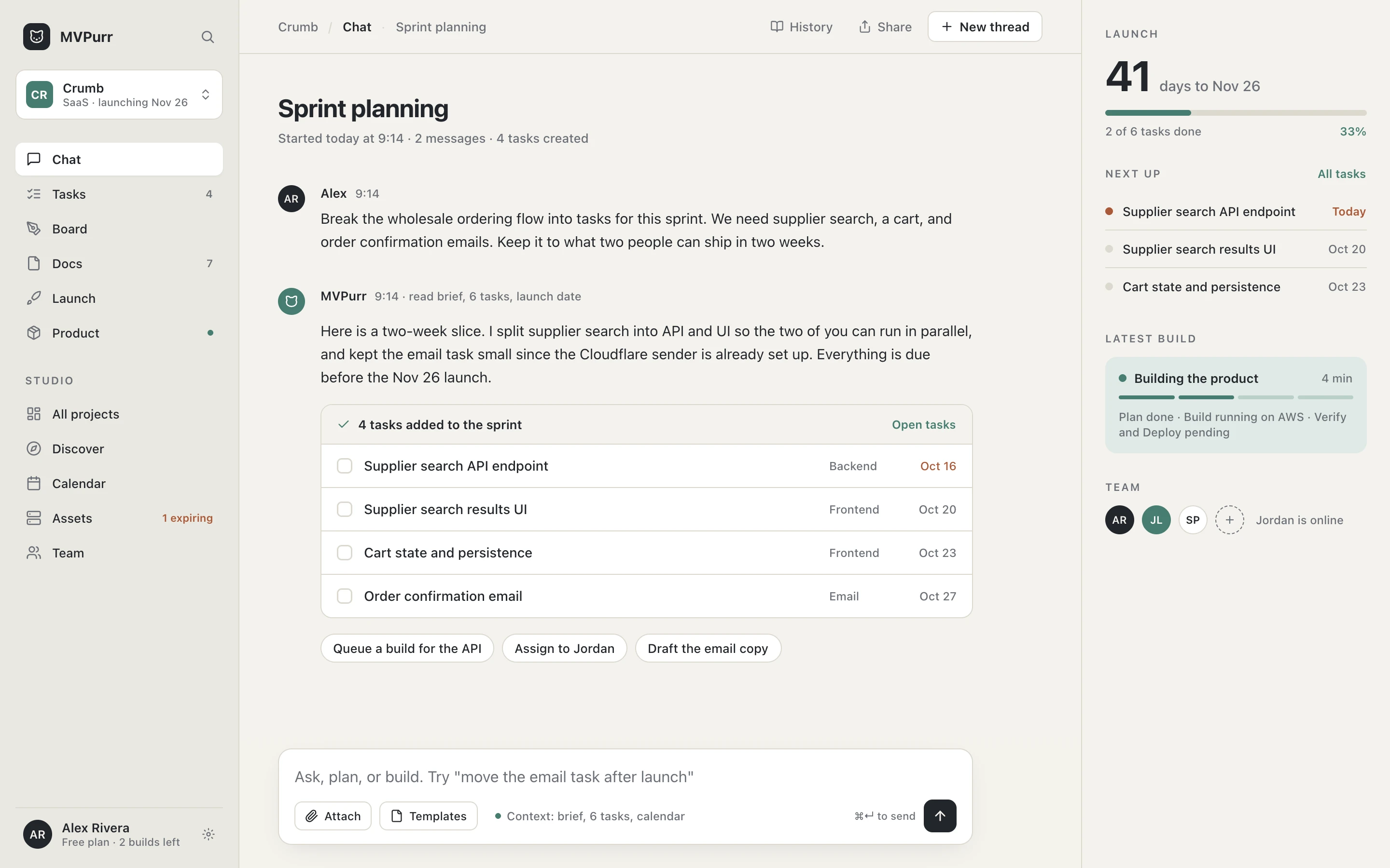 MVPurr project chat: a sprint planning thread where the assistant splits the work into four tasks with owners and due dates, next to the launch countdown rail.